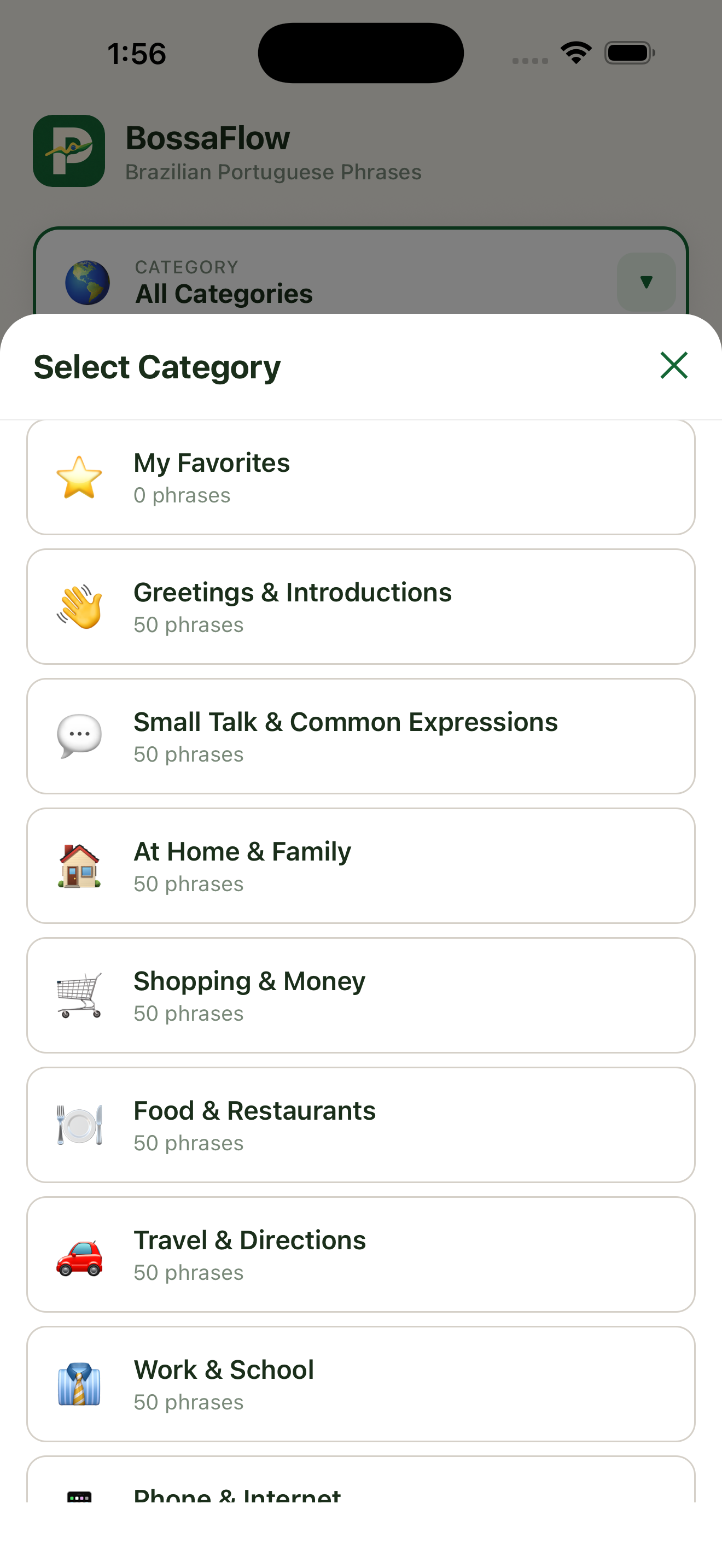 BossaFlow categories screen showing 20 real-life Brazilian Portuguese phrase categories
