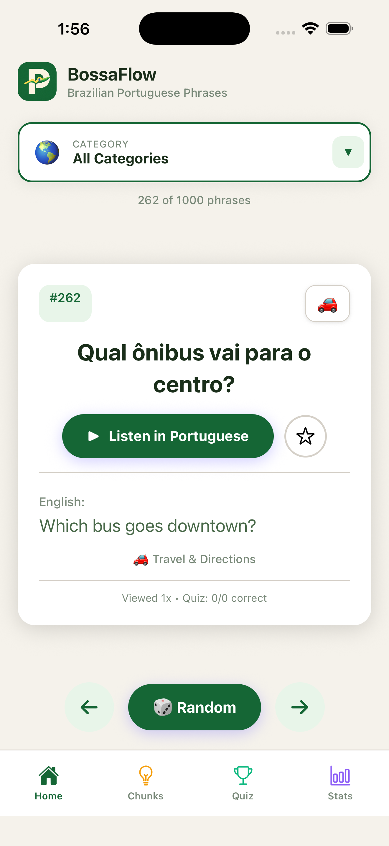 BossaFlow app showing a Brazilian Portuguese flashcard