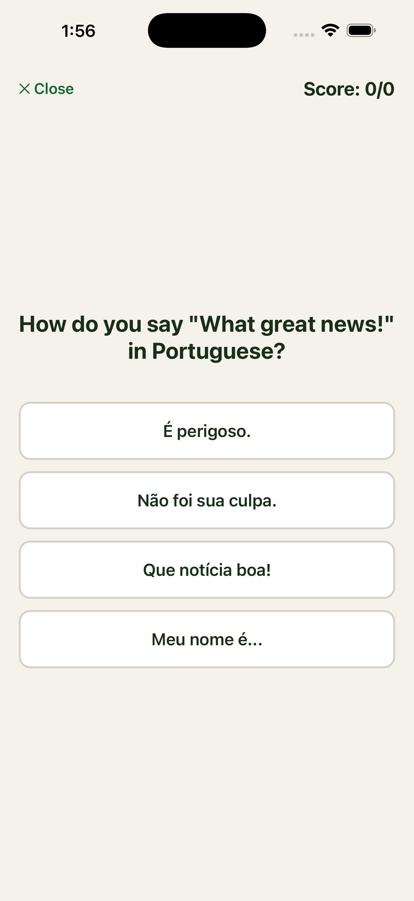 BossaFlow quiz mode testing knowledge of Brazilian Portuguese phrases